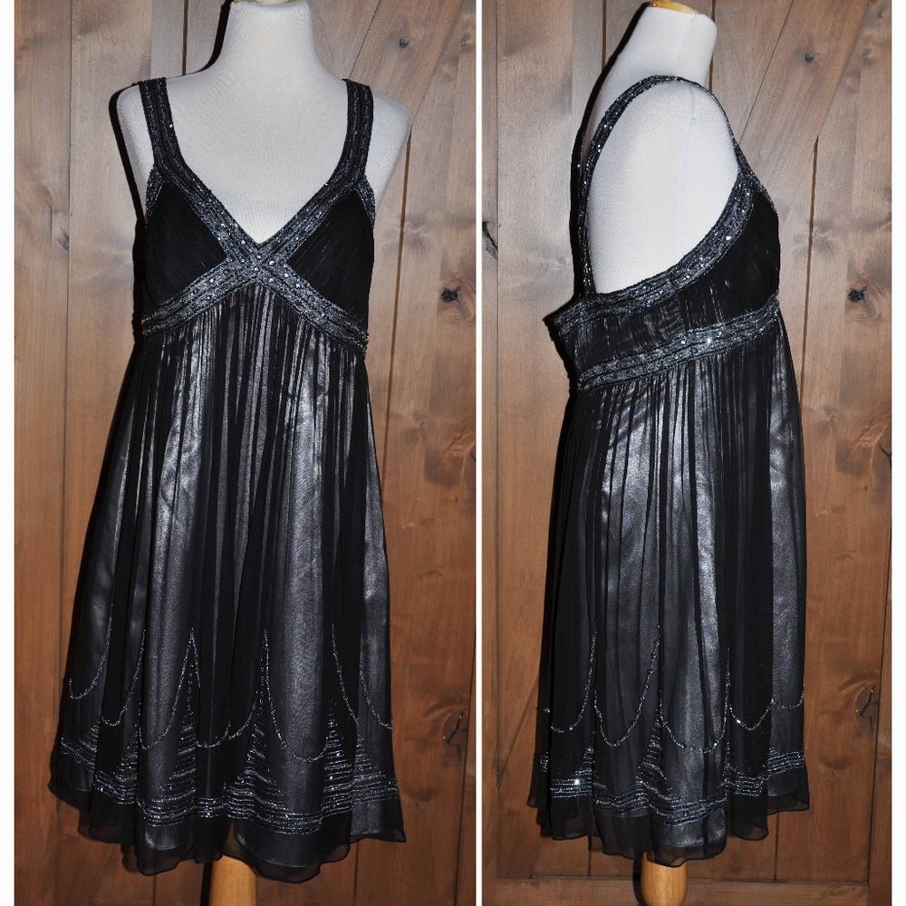 Adrianna Papell Black & Silver Sleeveless Back Strap Crossover Sexy Short Dress